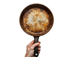 Close up shot of a heavily used and aged cast iron frying pan on transparent background