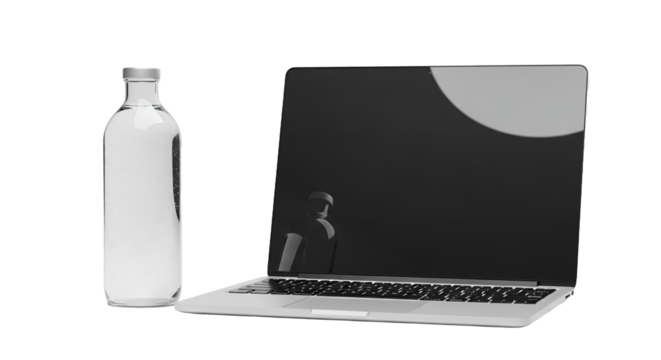 Glass Water Bottle and Laptop Computer on Desk - Powered by Adobe