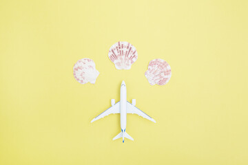 Toy airplane and seashells on a yellow background. Travel, vacation and beach holiday concept. top view, copy space, flat lay, background.