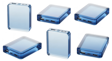 Several transparent blue power banks isolated on white showcasing different angles for product illustration promoting charging solutions