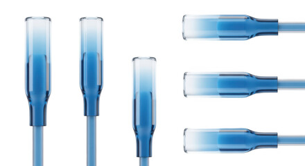 Close-up of blue glass pipette tips isolated on white showing fluid level ideal for scientific medical research