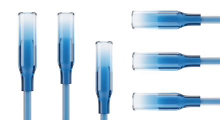 Close-up of blue glass pipette tips isolated on white showing fluid level ideal for scientific medical research