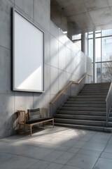 Modern staircase with a blank wall frame in a bright lobby, showcasing minimalist design and natural light.