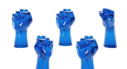 5 translucent blue fists raised against a white background symbolizing strength and unity for protest imagery or conceptual artwork