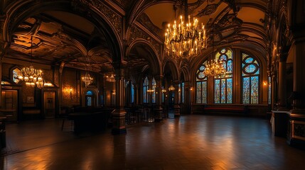 Obraz premium Grand Interior Ballroom with Chandeliers and Stained Glass