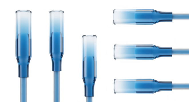 Close-up of blue glass pipette tips isolated on white showing fluid level ideal for scientific medical research