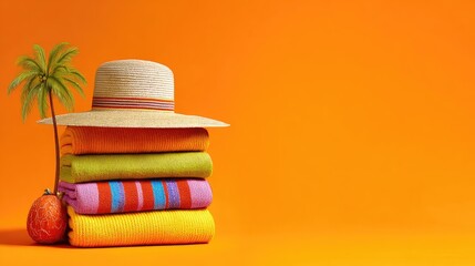 Stacked colorful clothing items on an orange background.