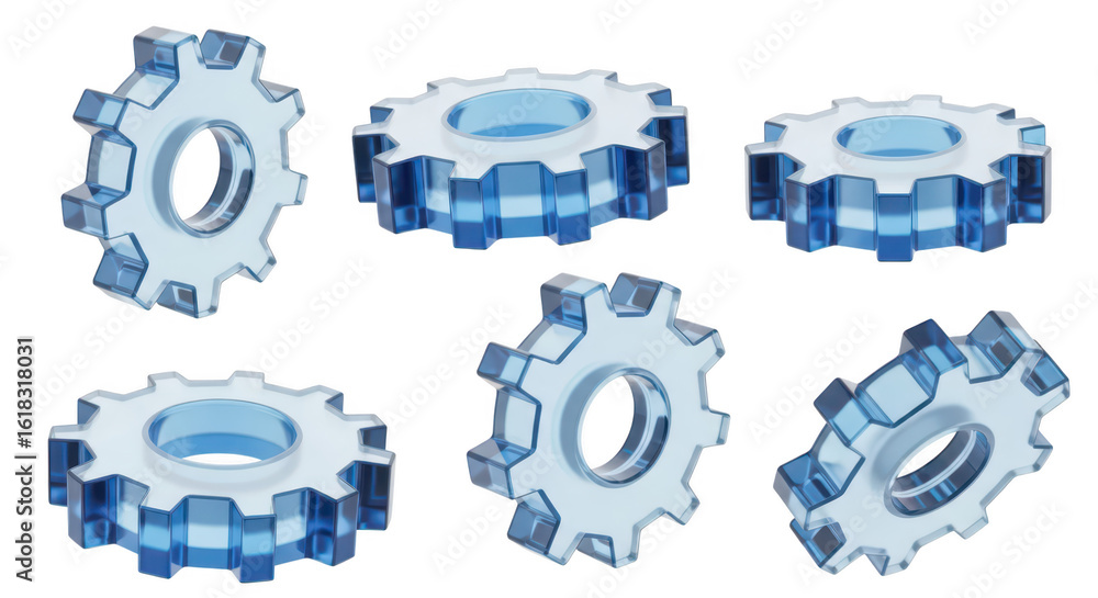 Aufkleber transparent blue gears floating against a white backdrop representing teamwork mechanics and innovat