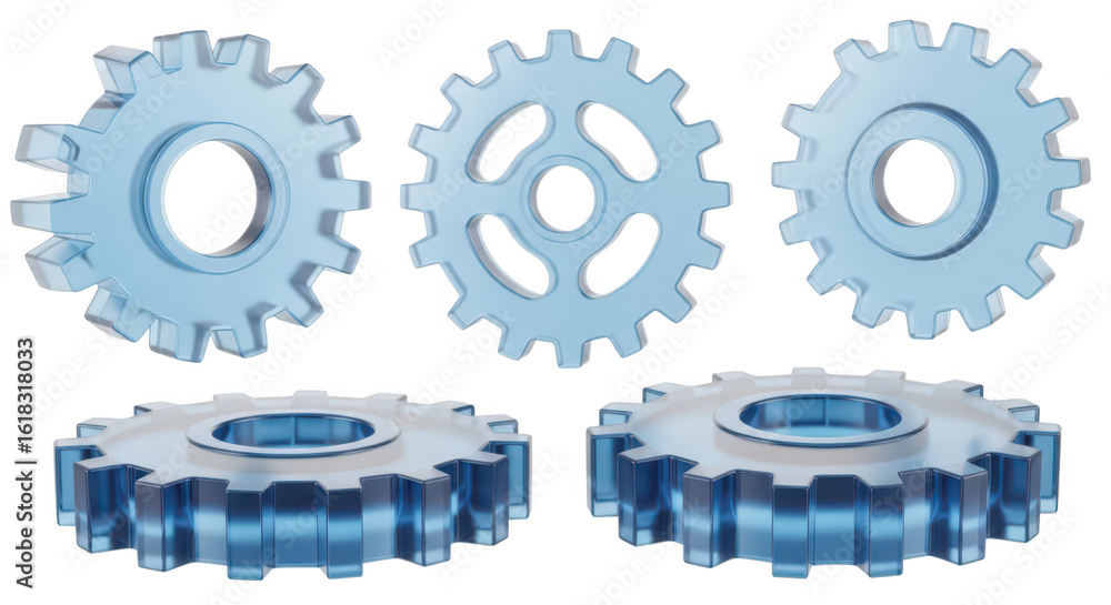 Aufkleber transparent blue gears various angles isolated white background showing mechanical concepts design e