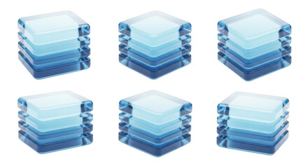 Six data server stacks translucent blue isolated on white suggesting data processing storage or cloud computing visualization
