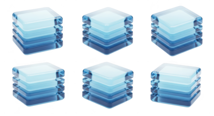 Six data server stacks translucent blue isolated on white suggesting data processing storage or cloud computing visualization