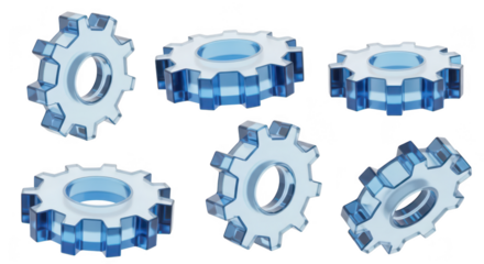 Transparent blue gears floating against a white backdrop representing teamwork mechanics and innovation ideal for illustrating tech concepts