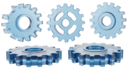 Transparent blue gears various angles isolated white background showing mechanical concepts design engineering and abstract technology visualization