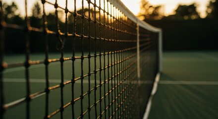 Golden hour glow on a tennis court net at sunset, a serene end to a day of sport and recreation.