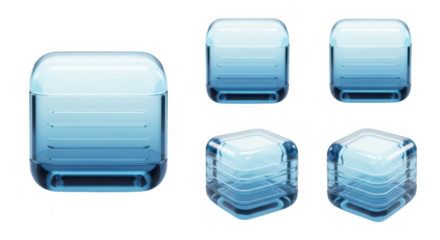 Translucent blue cube icons arranged on white background representing digital interface elements perfect for web design