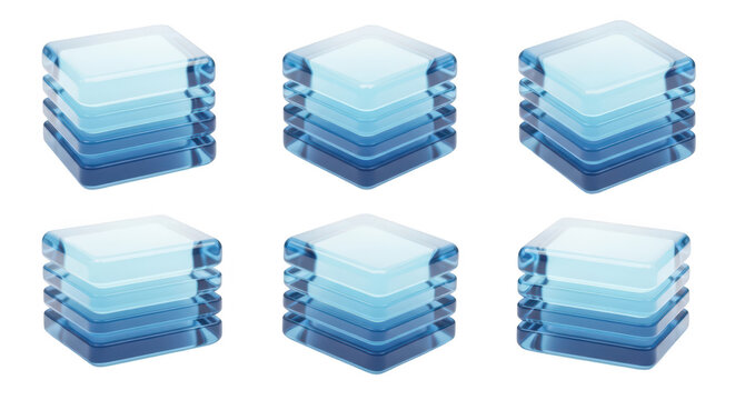 Six data server stacks translucent blue isolated on white suggesting data processing storage or cloud computing visualization
