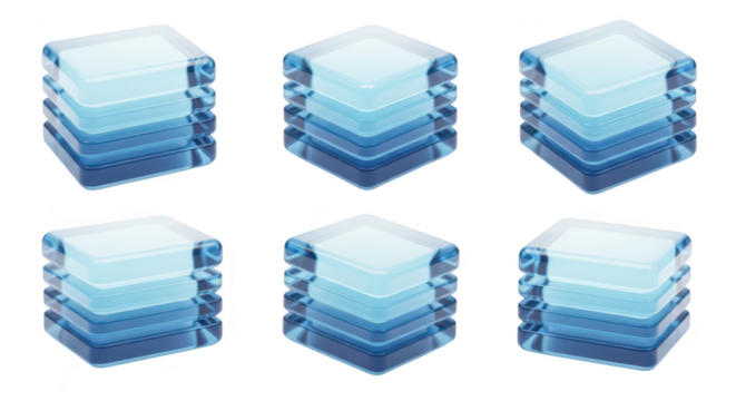 Six data server stacks translucent blue isolated on white suggesting data processing storage or cloud computing visualization