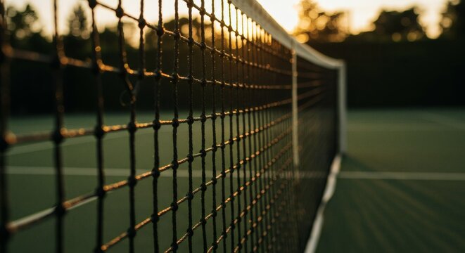 Golden hour glow on a tennis court net at sunset, a serene end to a day of sport and recreation. - Powered by Adobe