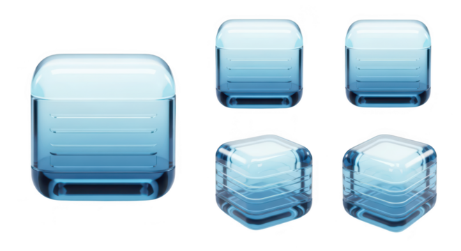 Translucent blue cube icons arranged on white background representing digital interface elements perfect for web design