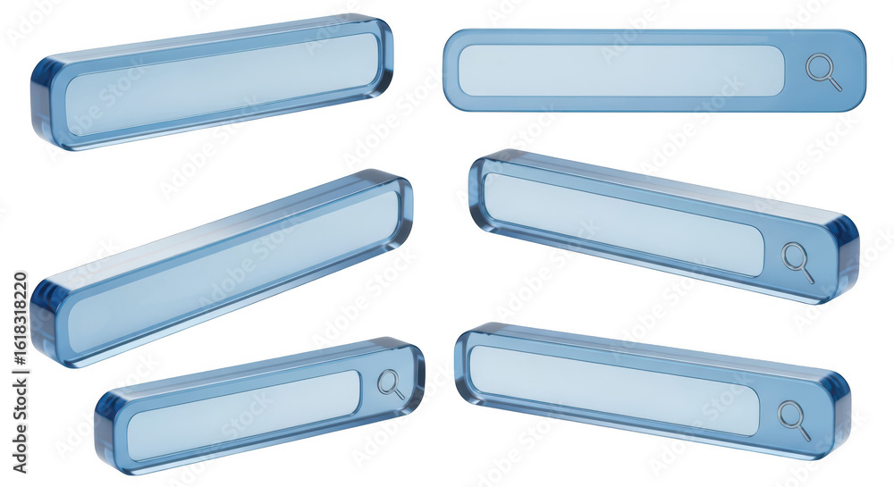 Poster blue glass search bars isolated on white showcasing web search elements for interface design and dig