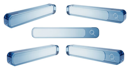 Transparent search bars displayed in various angles on a white background indicating digital search and information access Suitable for web design and online content