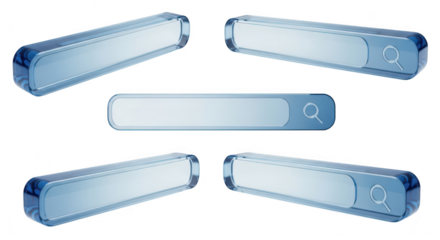 Transparent search bars displayed in various angles on a white background indicating digital search and information access Suitable for web design and online content