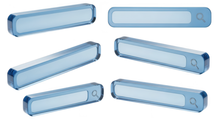 Blue glass search bars isolated on white showcasing web search elements for interface design and digital concepts