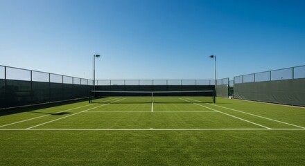Sunlit professional tennis court with vibrant green artificial grass under a clear blue sky, ready for a match.