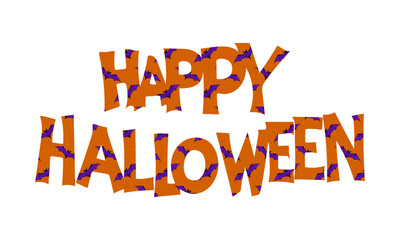 Happy Halloween text based on bright orange pattern with bats. Festive Halloween design element, isolated on white background.