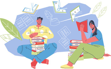 Reading people with books for book fair or bookstore advertising. Banner backdrop for bookshop and online library.
