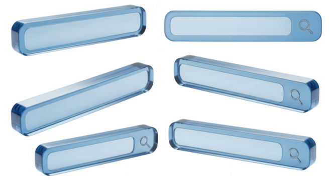 Blue glass search bars isolated on white showcasing web search elements for interface design and digital concepts