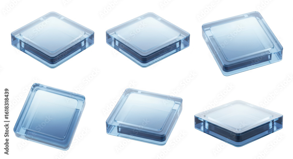 Poster rendered six angled transparent glass square blocks floating on white possibly for ui elements or di
