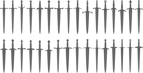 A collection of various sword illustrations arranged in two rows with different hilt designs silhouette
