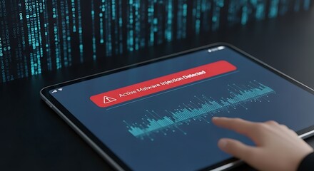 Cybersecurity specialist detecting an active malware injection on a tablet with a digital data stream background.