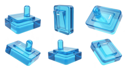 Blue transparent glass toggles in different positions isolated on white representing choices options or activation for design assets