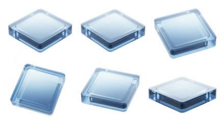 Rendered six angled transparent glass square blocks floating on white possibly for UI elements or digital art