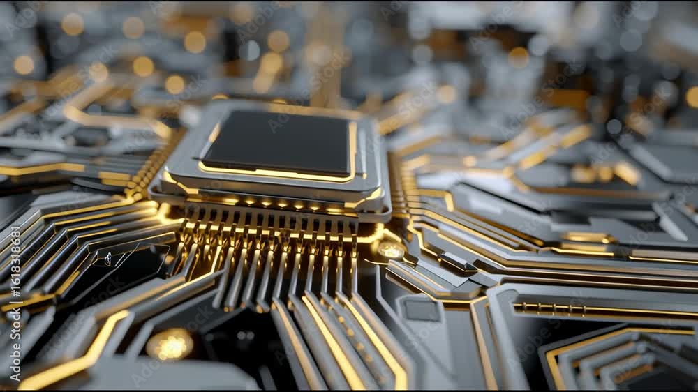 Poster a computer chip is shown in a close up. the chip is made of gold and silver and is surrounded by a b