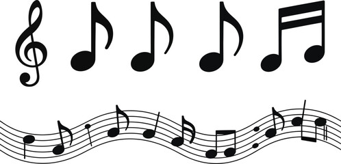 A collection of musical notes and a treble clef arranged on a white background in a graphic style silhouette