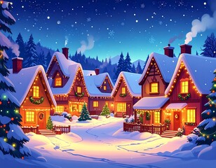 Cartoon winter town with snow and holiday lights – night scene illustration