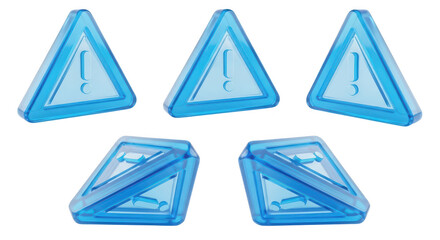 Several blue transparent warning signs each rotated against a blank white background representing digital or online alerts for various situations