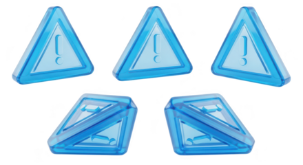 Several blue transparent warning signs each rotated against a blank white background representing digital or online alerts for various situations