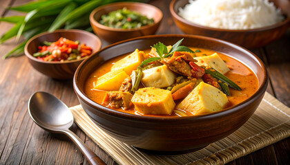 Hearty Bowl of Lontong Sayur with Complete Side Dishes