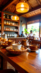 Cozy Coffee Shop Interior with Wooden Decor and Traditional Vibes