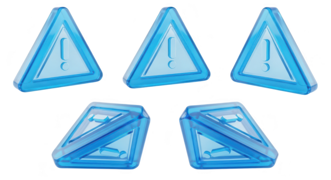 Several blue transparent warning signs each rotated against a blank white background representing digital or online alerts for various situations