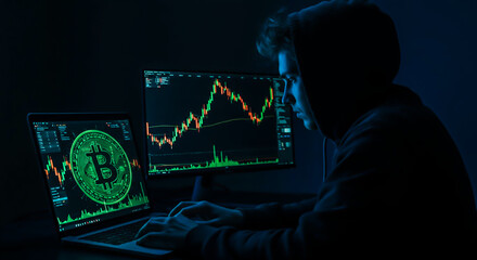 Young man analyzing cryptocurrency charts.