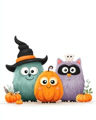 Whimsical Halloween characters: A cute illustration showcasing a charming group of furry creatures and a pumpkin, dressed in halloween costumes, evoking a sense of playful festivity.
