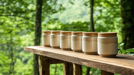 Naklejka premium Several light beige ceramic jars with wooden lids, lined up on a rustic wooden table, set against a blurred background of lush green forest