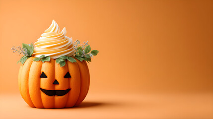 Halloween cake mockup in cupcake form arranged in pumpkin shape, with open space above and around for text