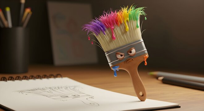 Angry Rainbow Paintbrush Standing on Sketchbook – 3D Cartoon Concept Art