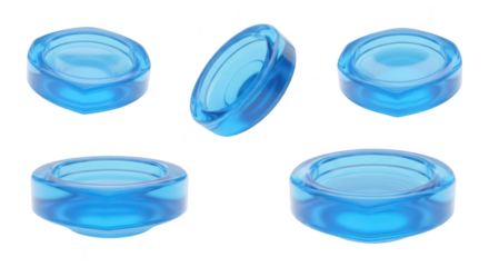 Five translucent blue water droplet shape rings on a white backdrop arranged in different orientations; ideal for jewelry designs or cosmetic product mockups
